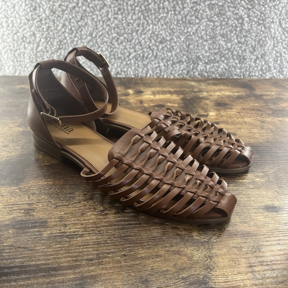 ANA Women's Size 9.5 Woven Sandals Cognac Brown Ankle Buckle Preppy Classic